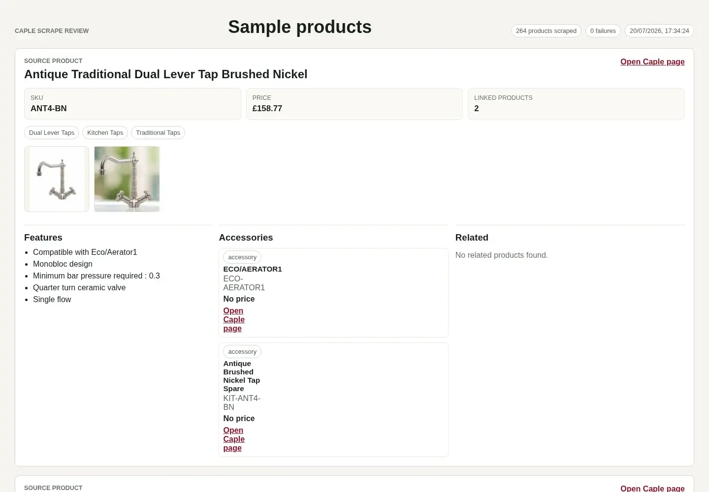 Supplier catalogue review interface showing scraped product data
