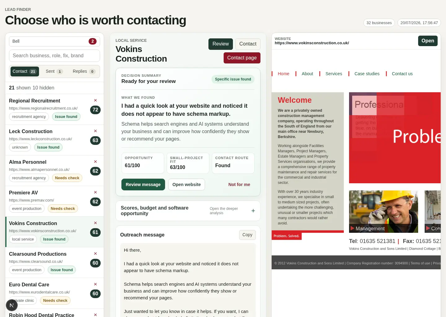 Lead Audit Review interface showing business scores, evidence and website review