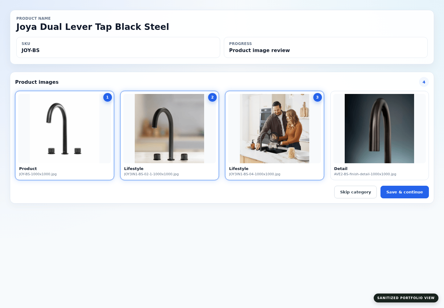 Sanitized product image selector showing image types, selection order and save controls