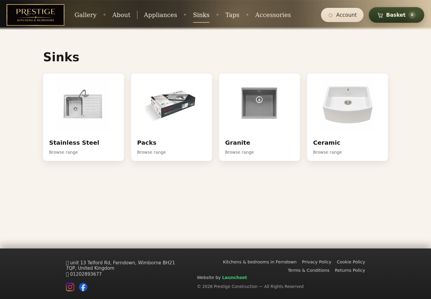 Prestige Kitchens and Bedrooms sink category page showing stainless steel, packs, granite and ceramic ranges