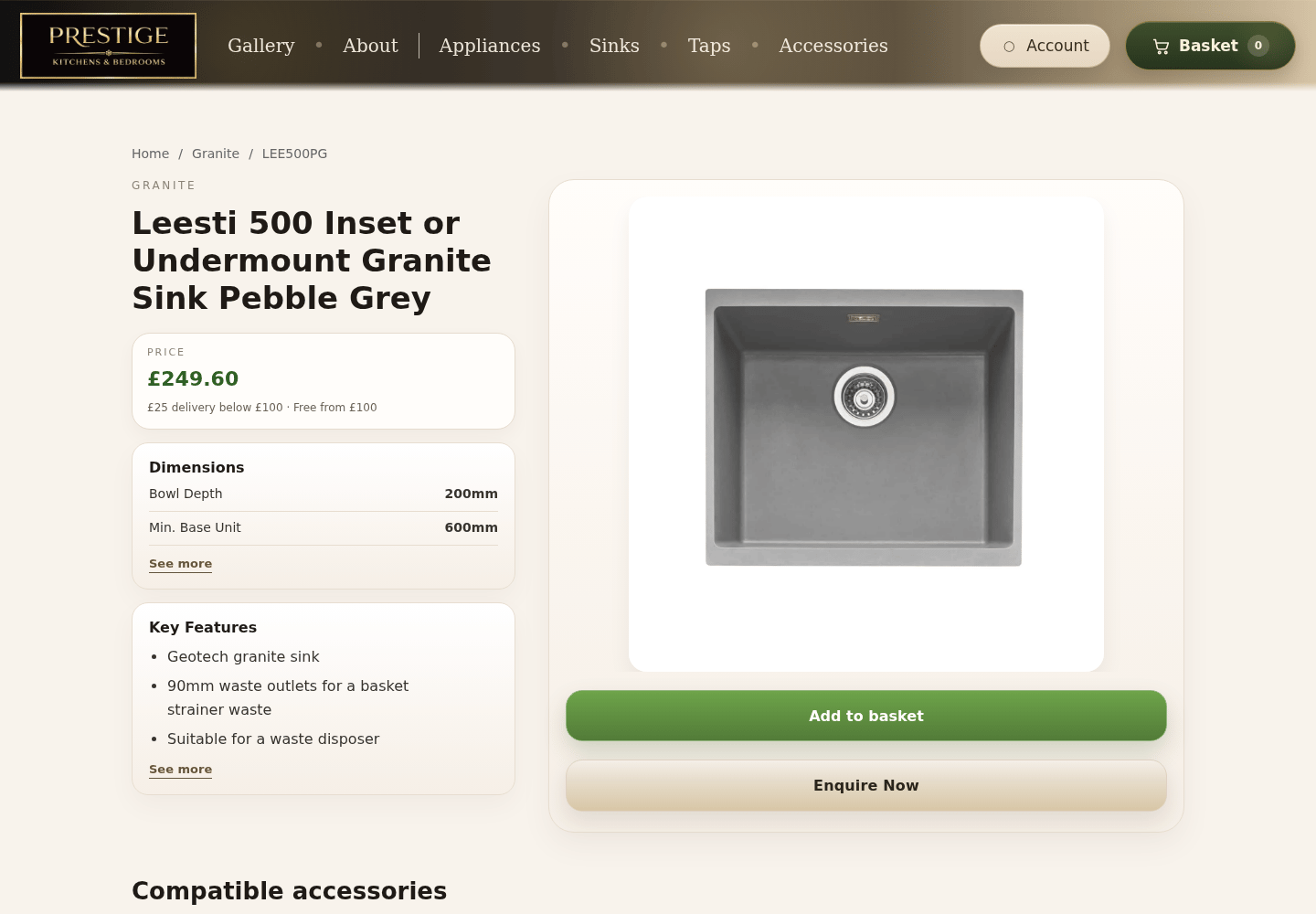 Prestige product page for a grey granite sink with price, physical dimensions, features and basket controls