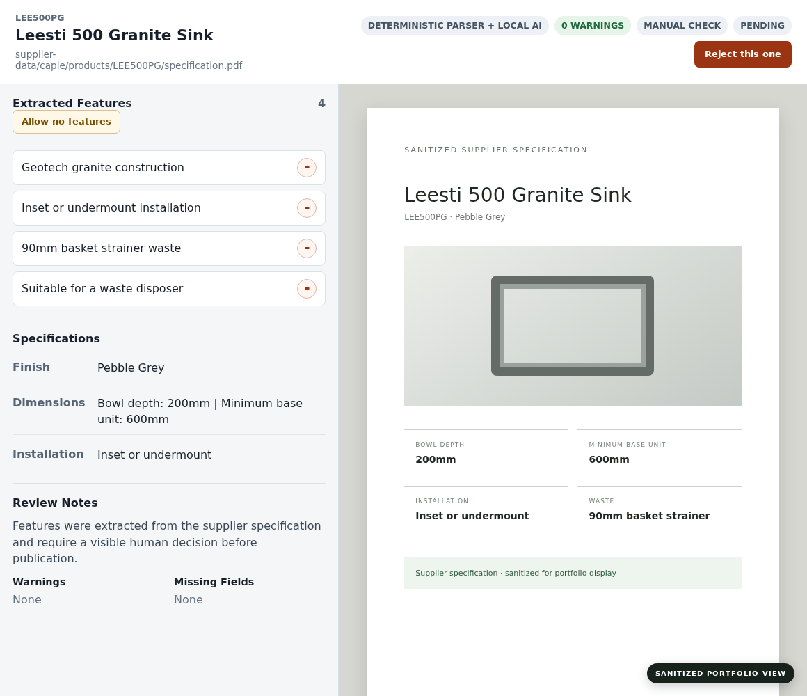 Sanitized side-by-side view of a supplier specification and structured product features